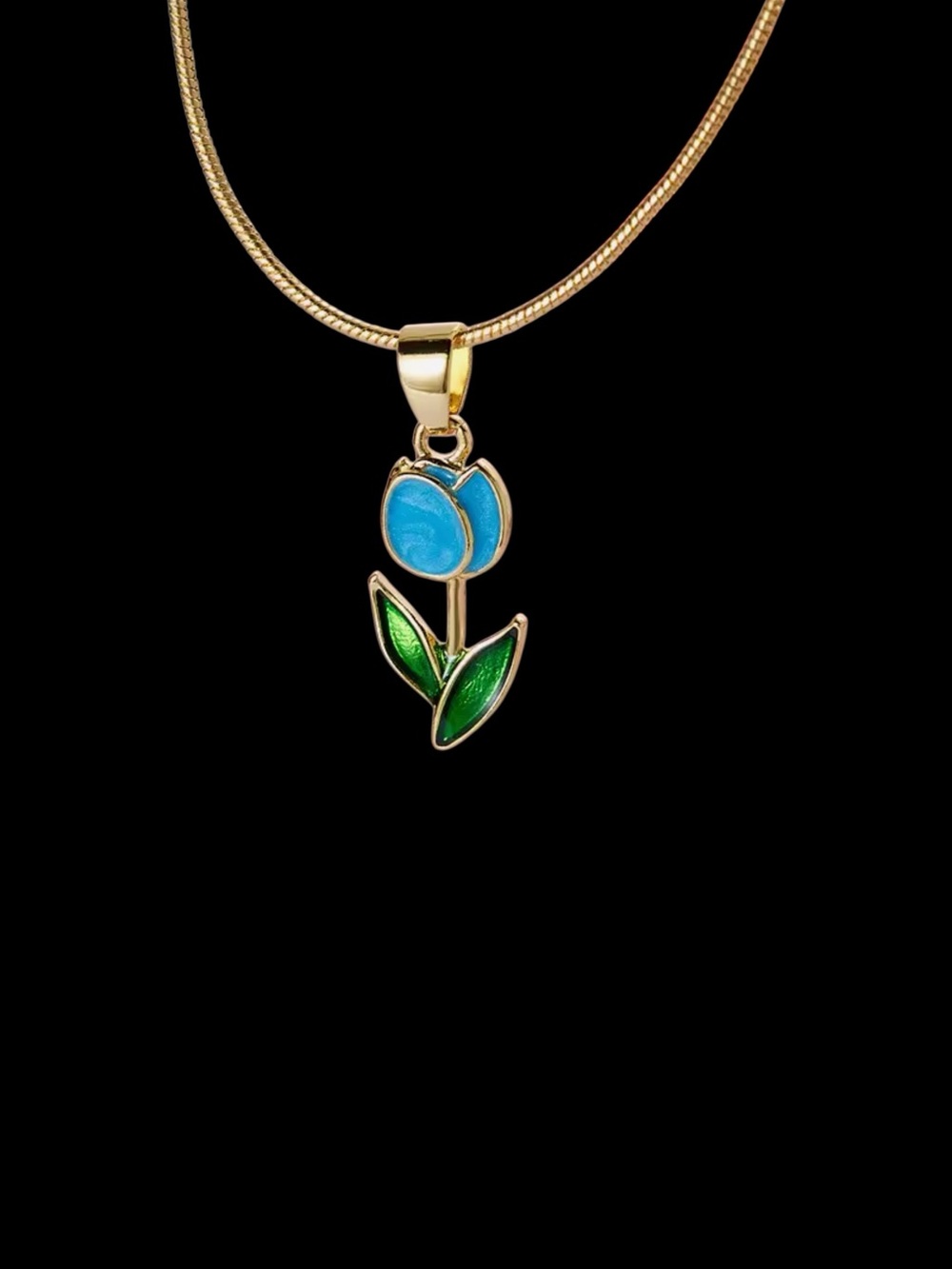 Tulip Pendant Necklace with Blue Enamel Flower 19 inch necklace